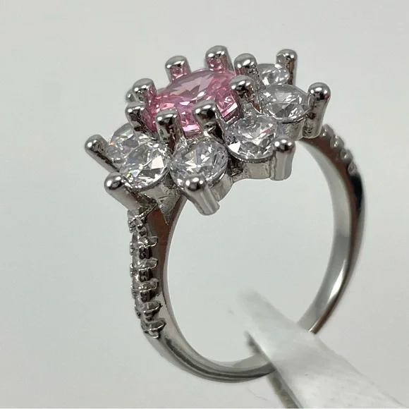 Exquisite Statement Pink White Diamond CZ Flower Star Silver Plated Boho Ring